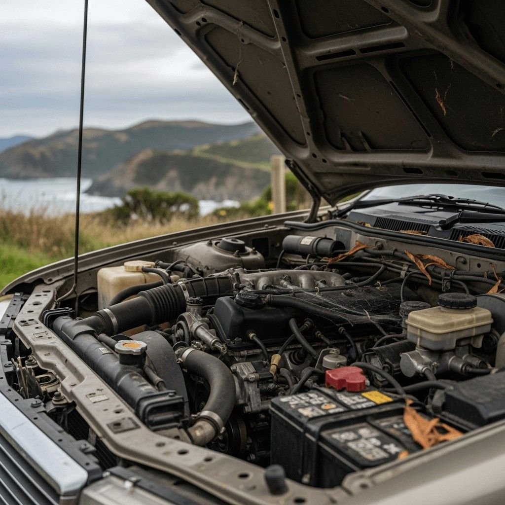 open hood showing engine failure on a sedan in wellington nz