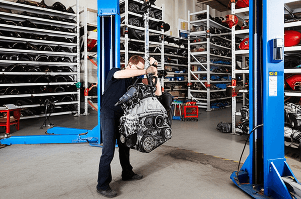 Mechanic removing engine and parts from car at auto wreckers