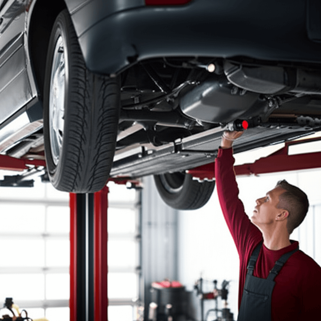 Mechanic inspecting car for WOF at workshop