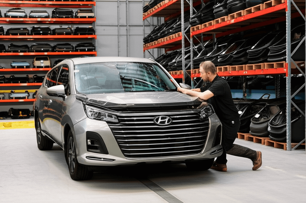 Car being assessed at a professional wrecking yard in Wellington