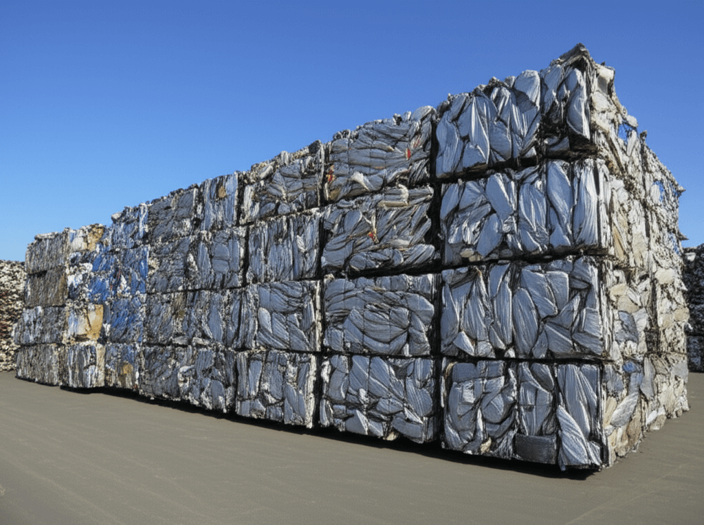 Crushed car cubes at metal recycling facility
