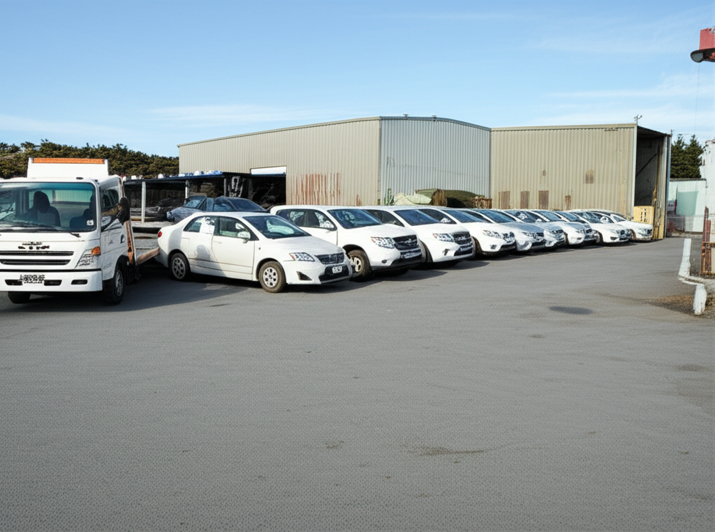 Toyota vehicles including Corolla, Camry and Hilux at a professional car wrecking yard in Wellington, ready for dismantling and recycling
