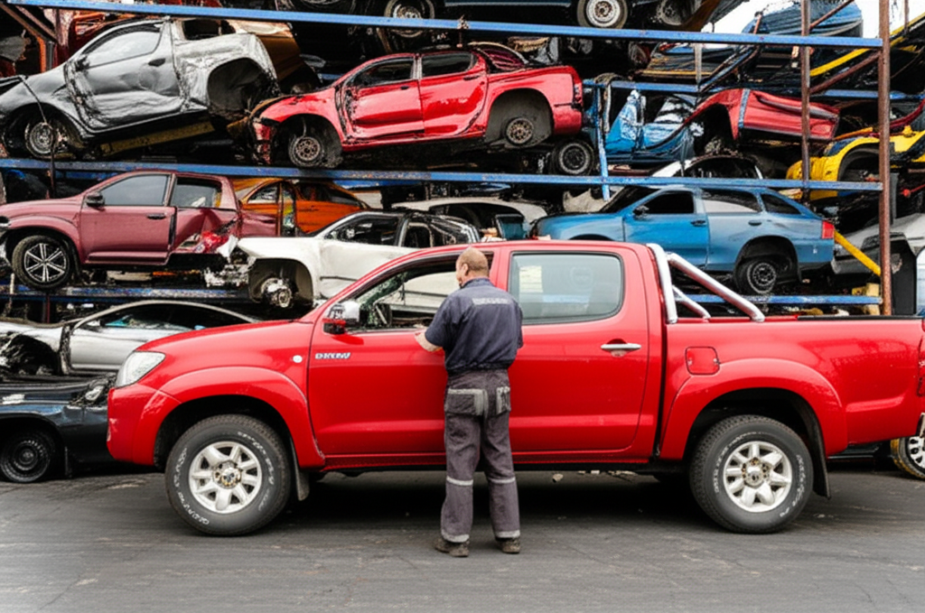 Mechanic inspecting a Toyota Hilux 4x4 at Wellington car wrecking facility during assessment process