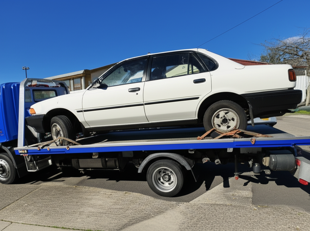 Tow truck collecting an old Toyota Corolla for free car wrecker pickup service in Wellington