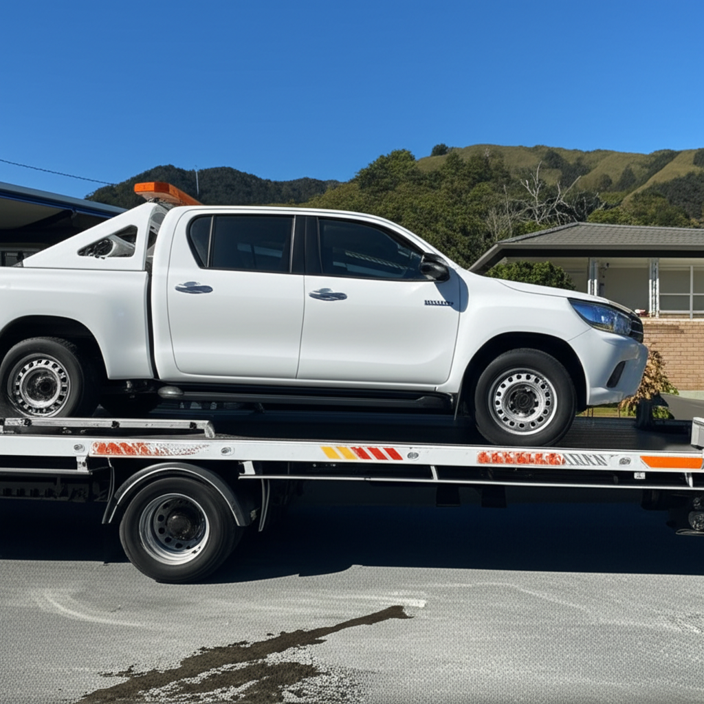 Toyota Hilux 4WD being valued for scrap at a New Zealand wrecking yard