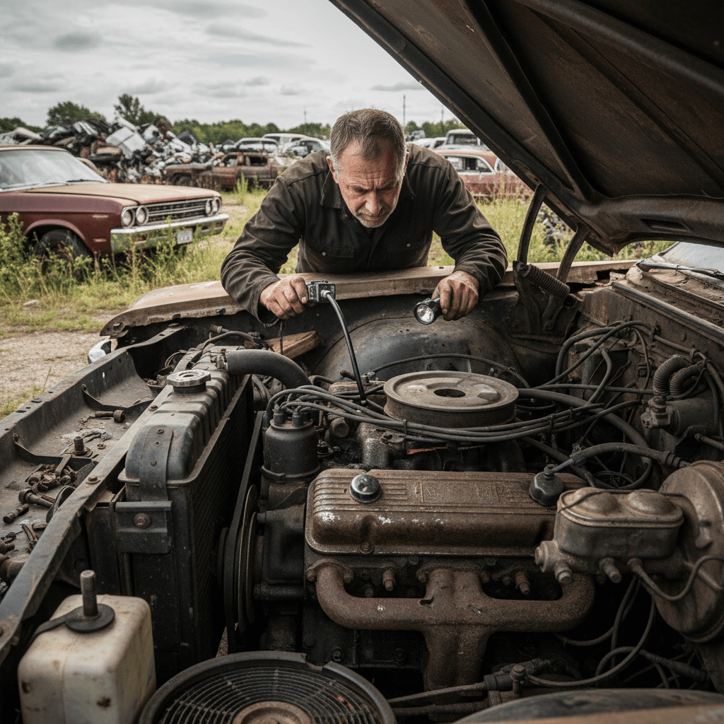 Mechanic inspecting car engine at wrecking yard to assess scrap value