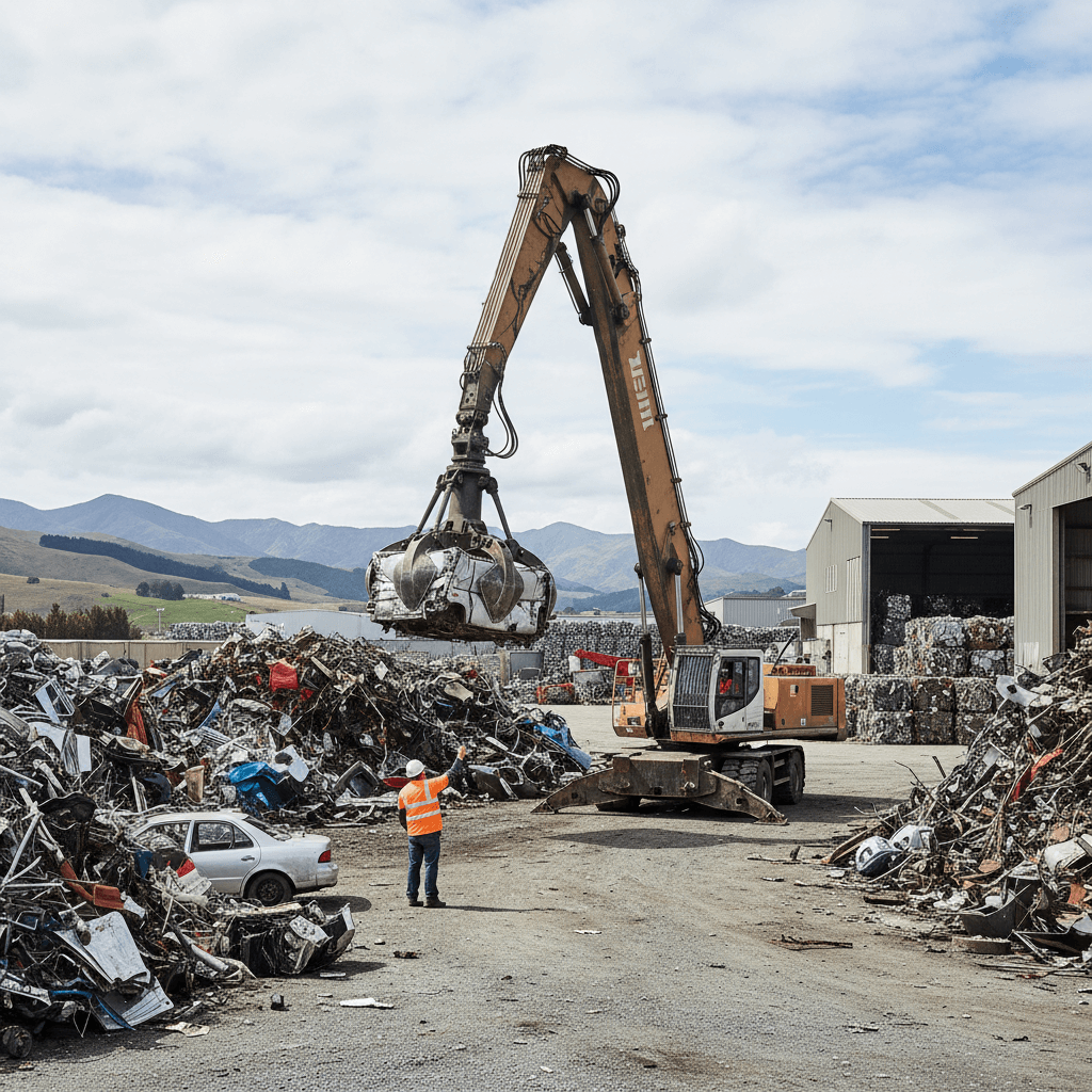 Heavy machinery lifting crushed scrap car at metal recycling yard