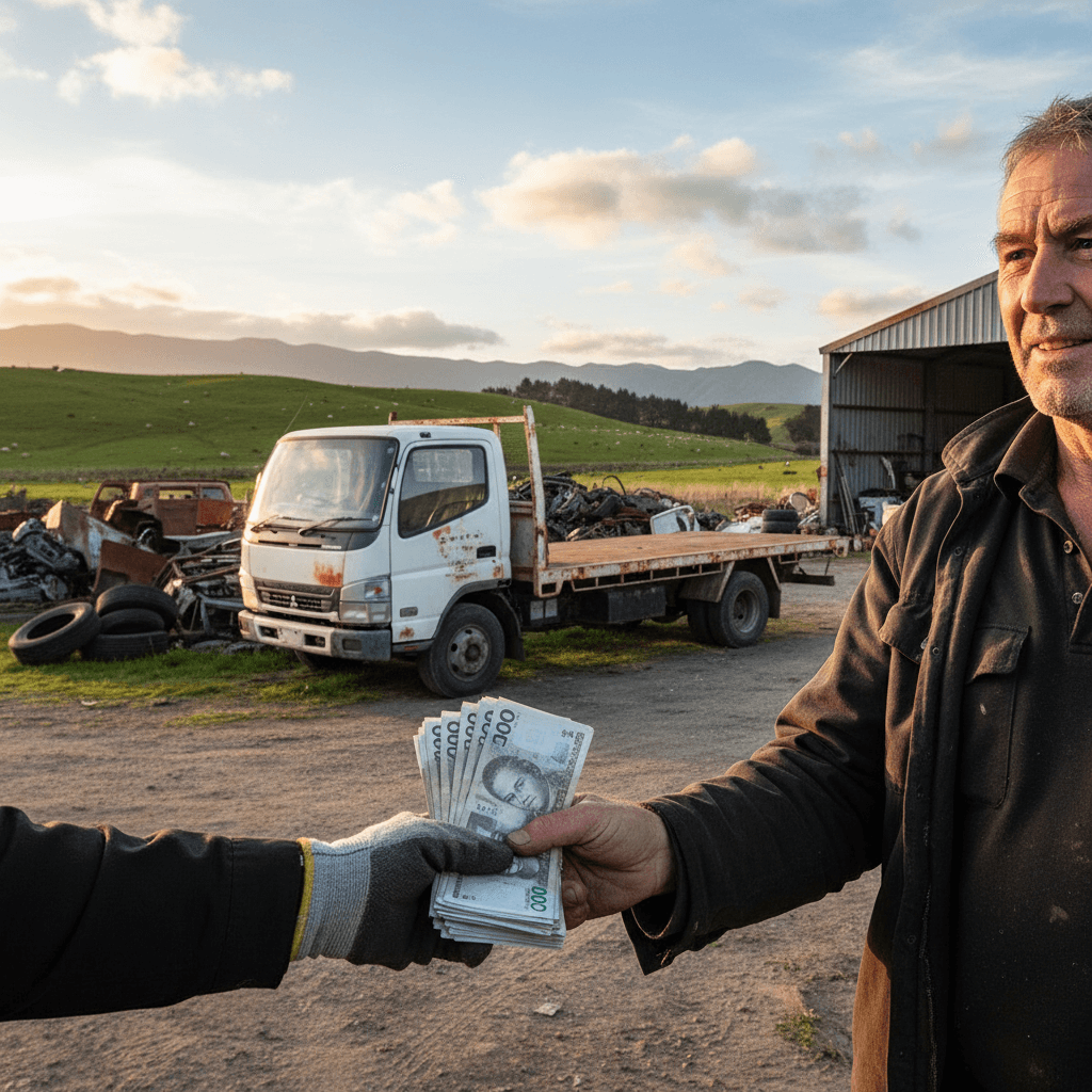 Truck owner receiving cash payment for scrap truck at Trentham Wreckers