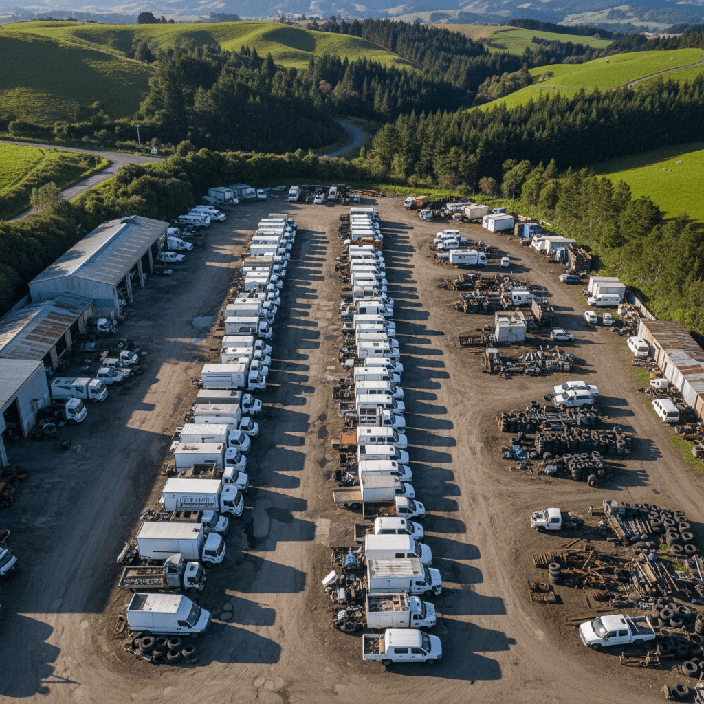 Aerial view of trucks and commercial vehicles at a Wellington wrecking yard