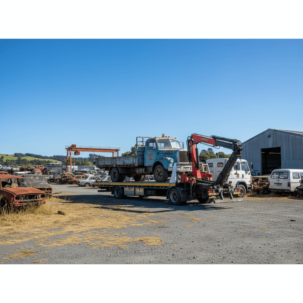 Commercial truck being collected by Trentham Wreckers truck removal service in Wellington