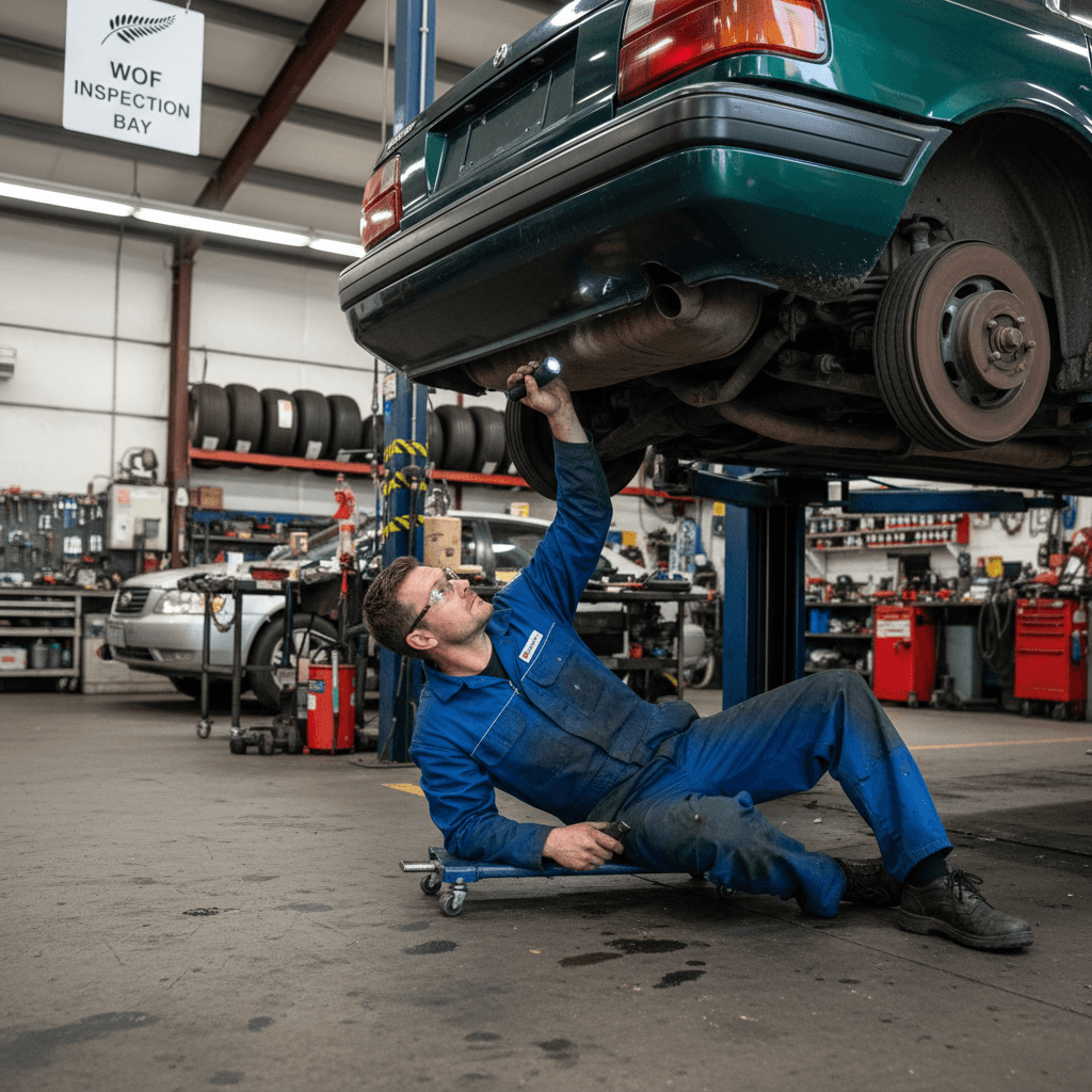Mechanic inspecting car on hoist for warrant of fitness