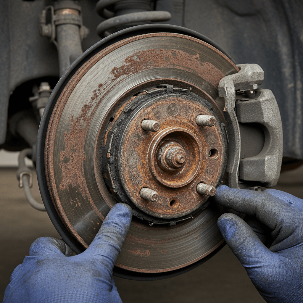 Worn brake pads and rusty disc showing WoF failure