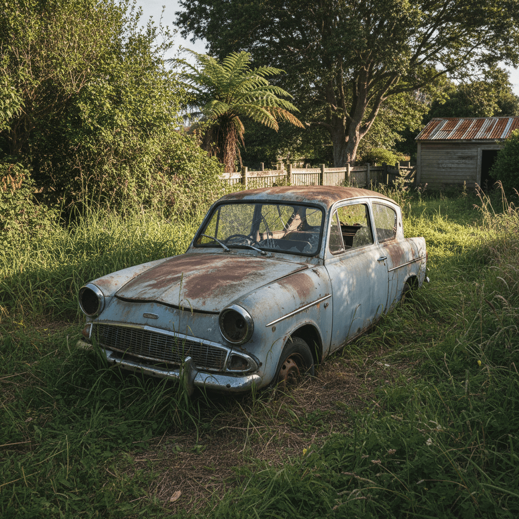 Old abandoned car with flat tyres in New Zealand backyard