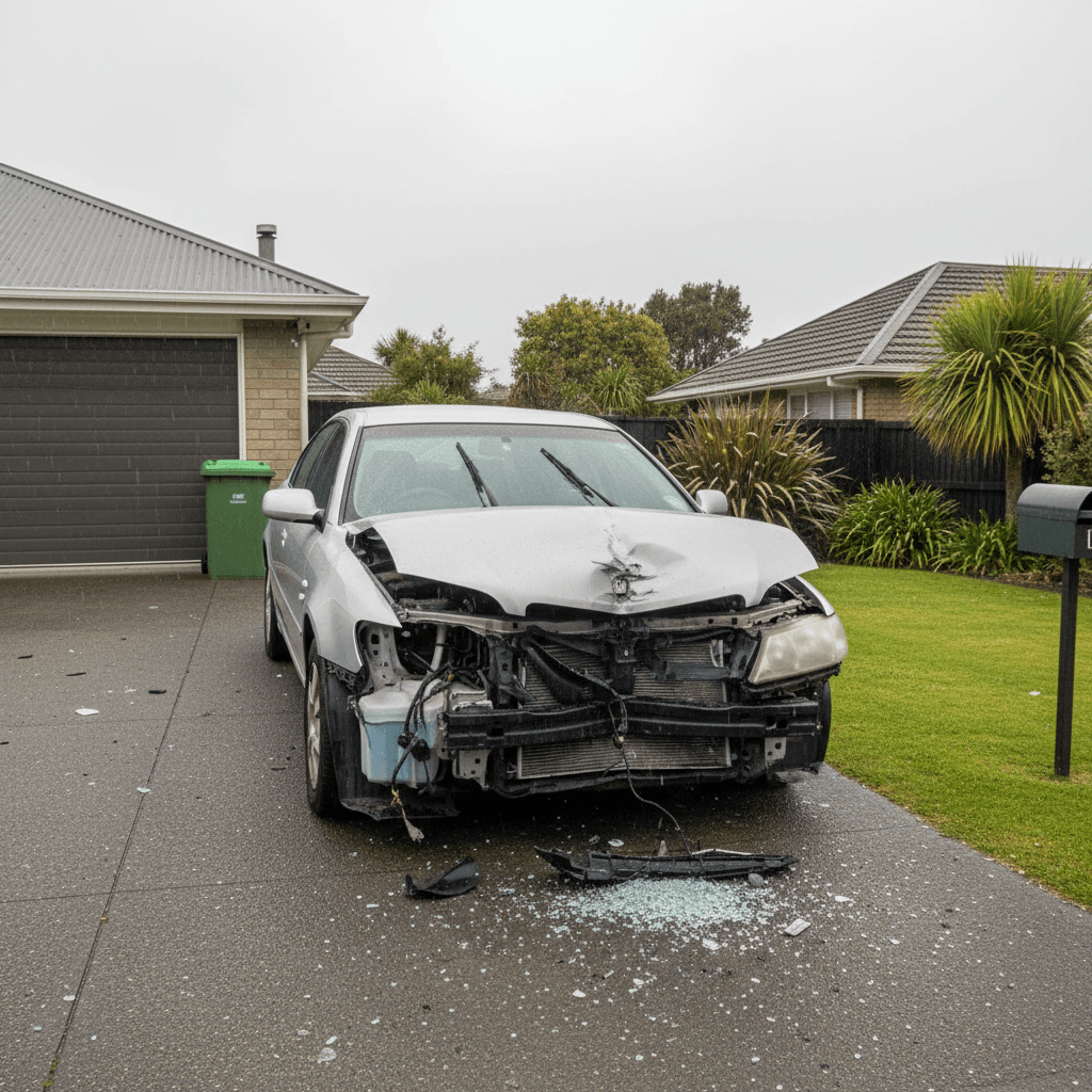Damaged car after collision in New Zealand driveway