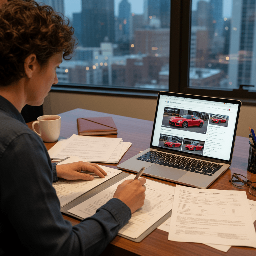Person reviewing vehicle documents and car listings