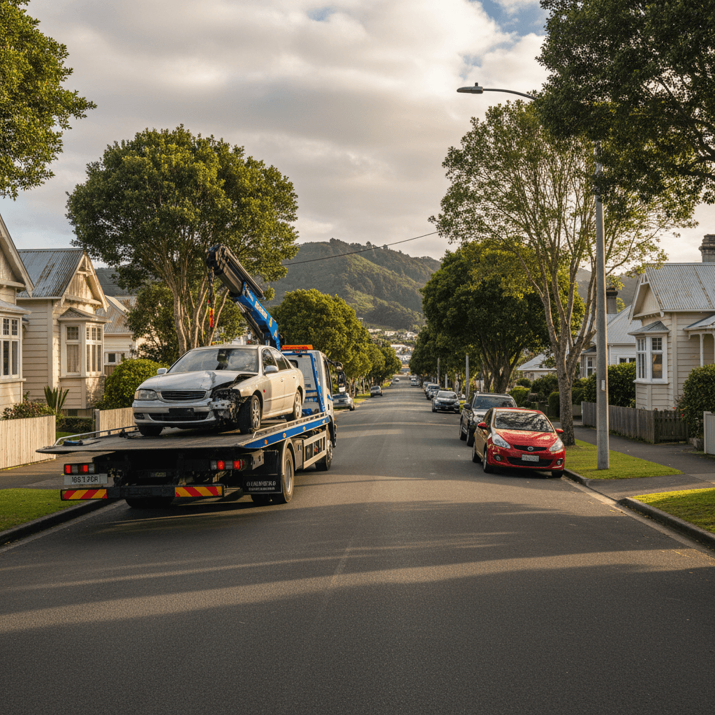 Flatbed tow truck loading damaged car in Wellington