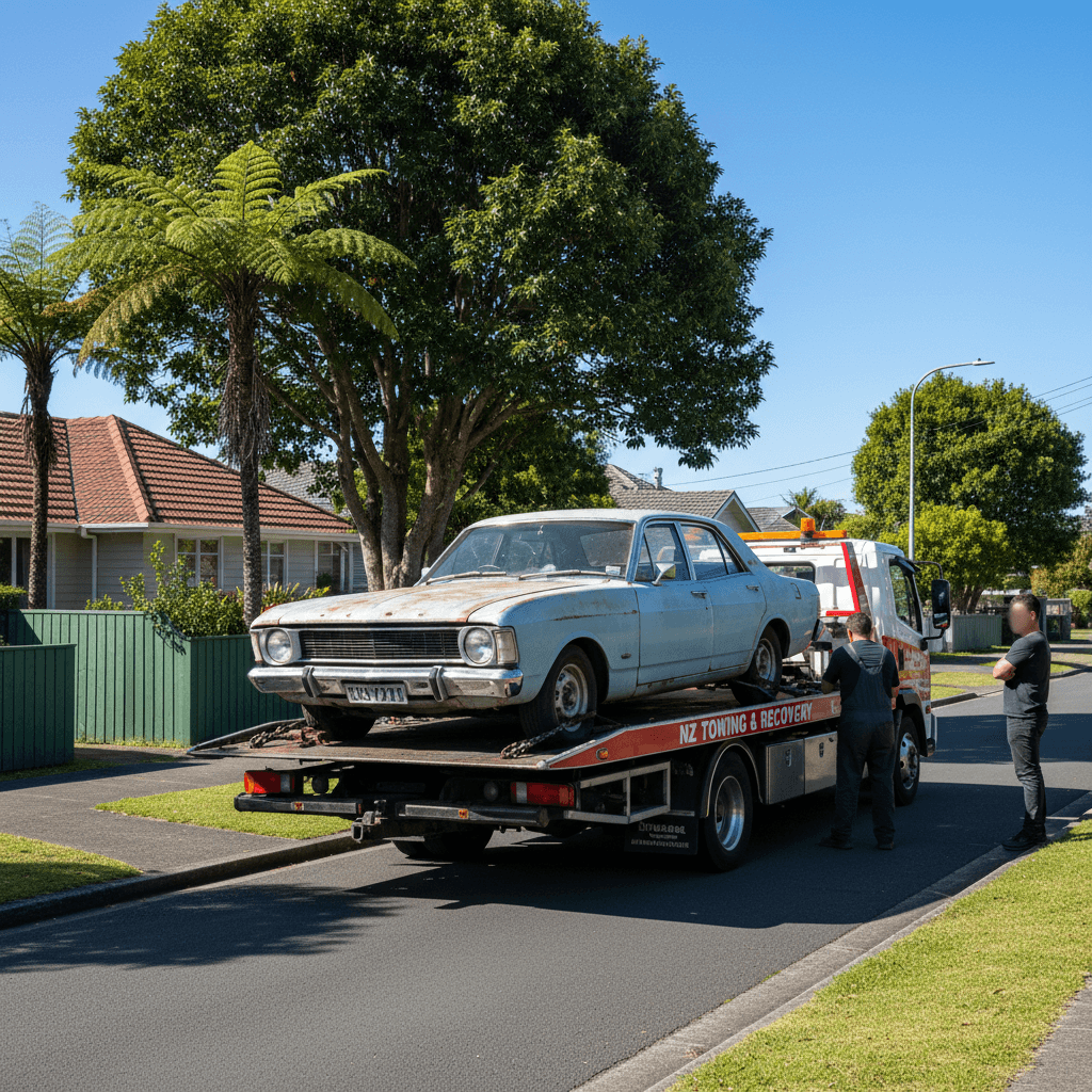 Old car being collected by tow truck for scrapping in New Zealand suburb
