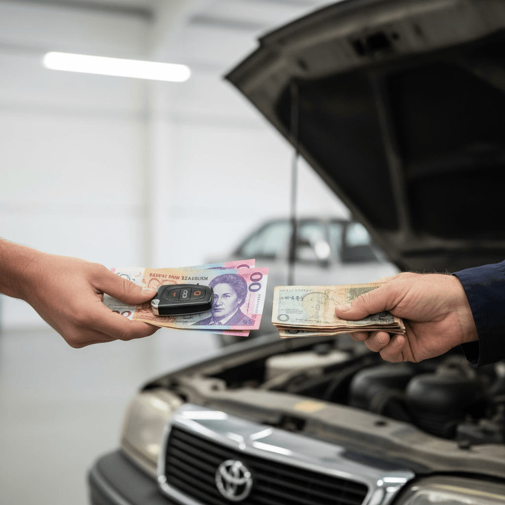 Cash payment and car keys exchange for scrapping a car in New Zealand
