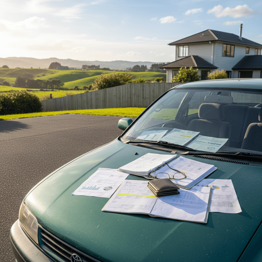 Old car with finance documents on bonnet in New Zealand driveway - scrapping a car with finance owing