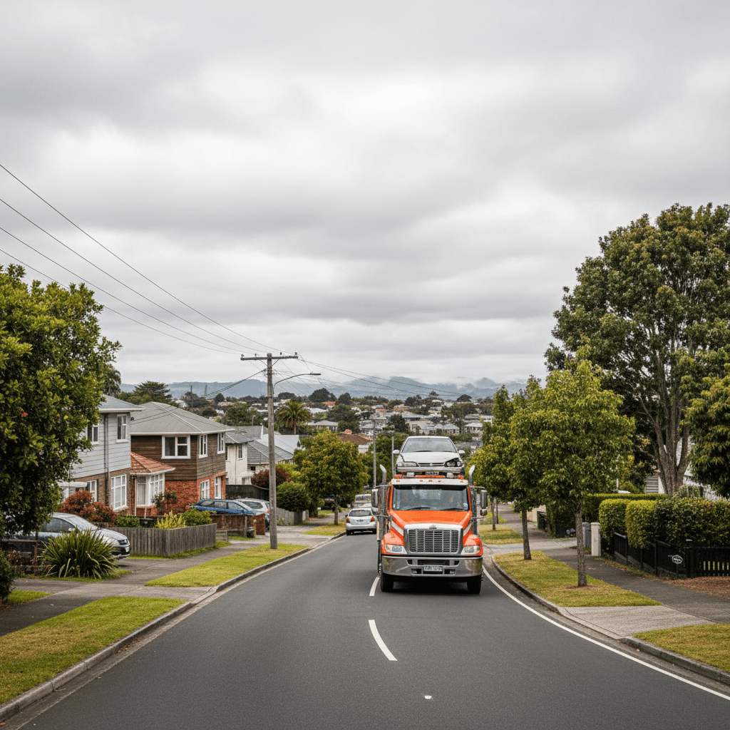 Car wrecking collection truck driving through Lower Hutt suburbs