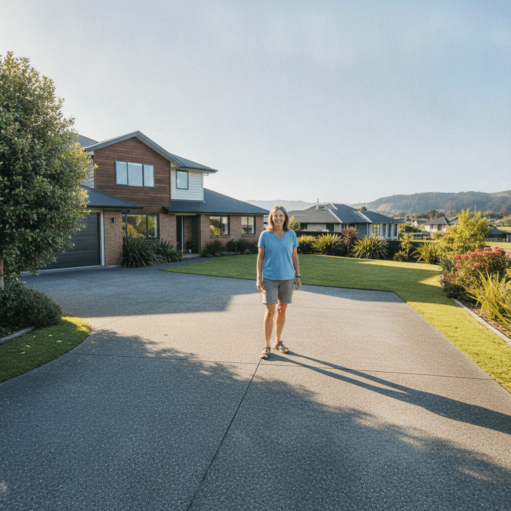 Happy homeowner standing on clean empty driveway after abandoned car removal in Wellington
