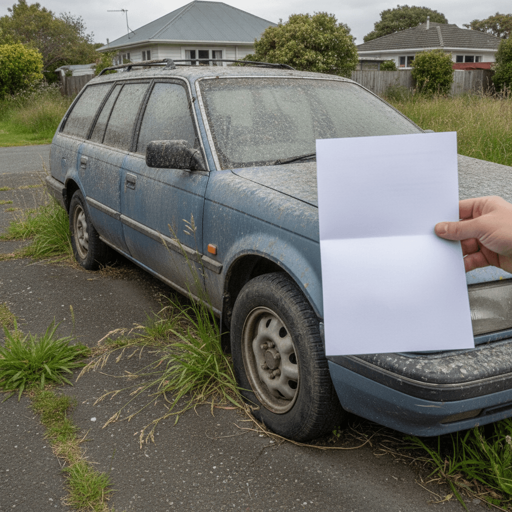 Council notice being checked next to an abandoned car on a New Zealand driveway