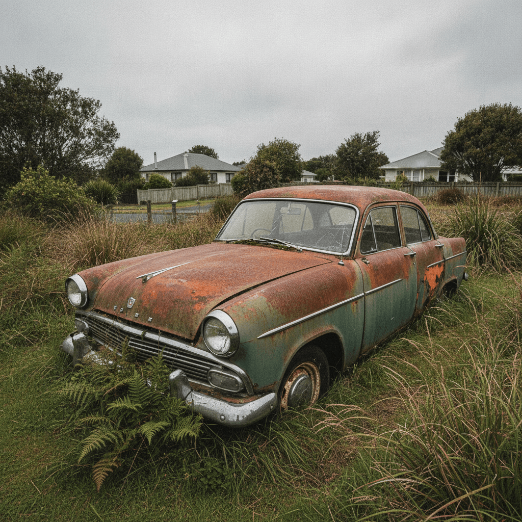 Abandoned rusty car sitting in overgrown grass on a New Zealand residential property