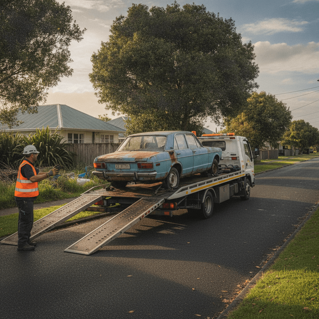 Flatbed tow truck removing an abandoned car from a residential property in Wellington
