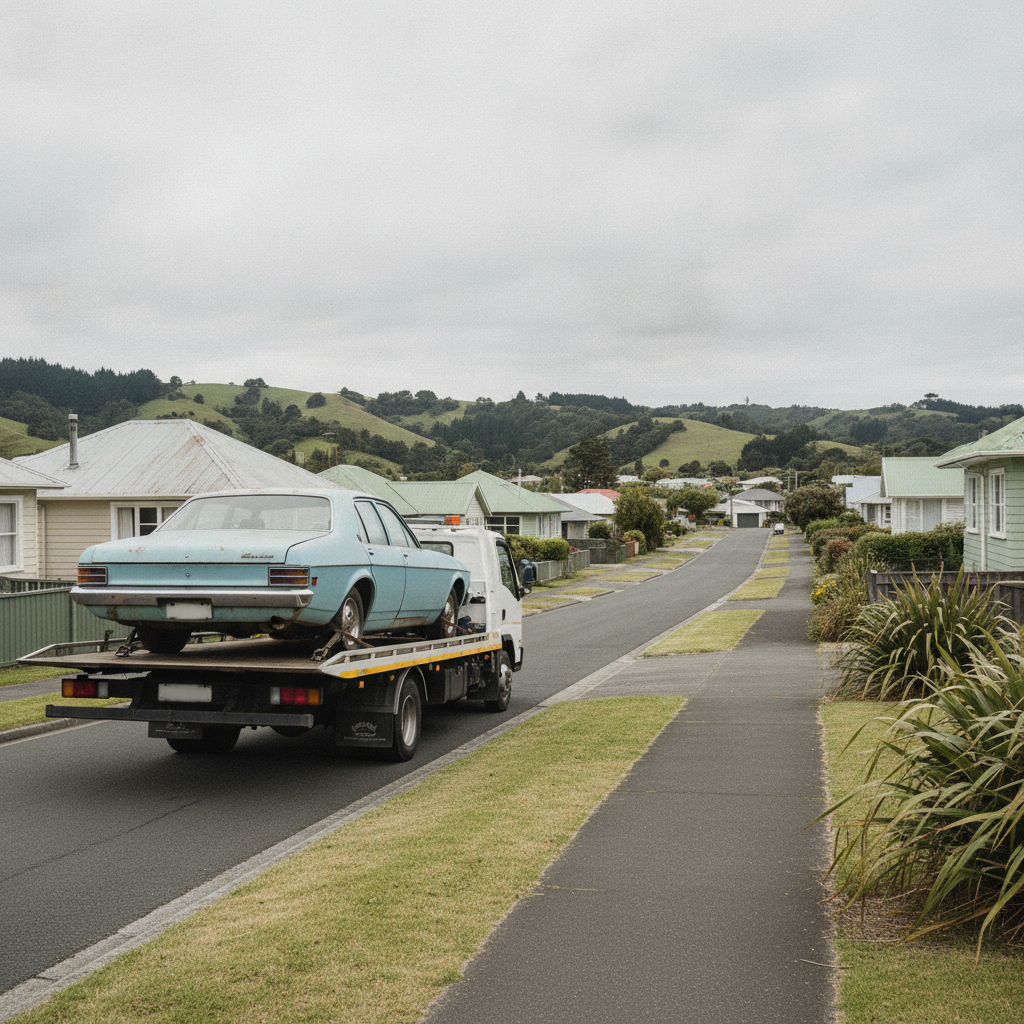 A damaged old car loaded on a flatbed tow truck for scrap car removal in Wellington, New Zealand