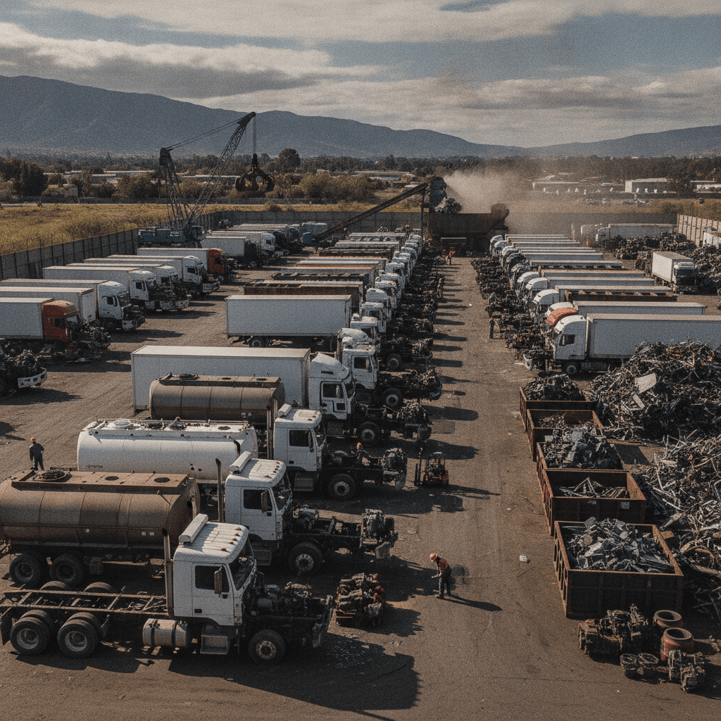 Commercial trucks being dismantled at Wellington wrecking yard