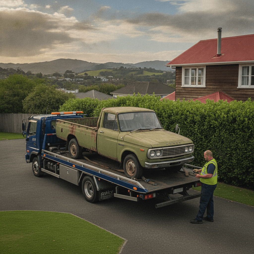 Flatbed tow truck loading a truck for removal in Wellington